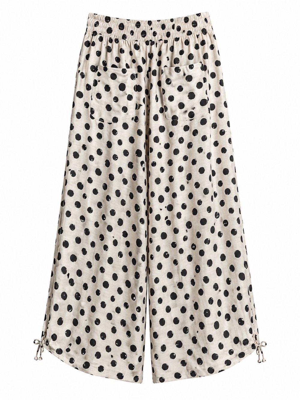 Polka Dot Wide Leg Drawstring Pants - Black on Cream